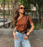 Women Spring Summer Irregular Collar Satin Off-Shoulder T-Shirt Top