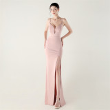 Women fishbone lace-up V neck suspender sexy formal party fishtail evening dress