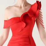 Women pleated one-shoulder beaded ruffle fishtail formal party evening dress