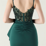 Women beaded tube pleated waist bow embroidery formal party evening dress