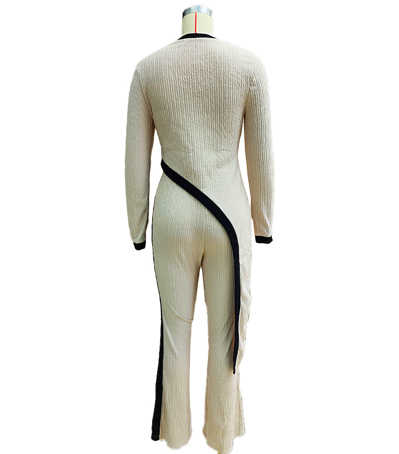 Women Round Neck Contrast Color Long Sleeve Top and Pants Casual Two Piece Set