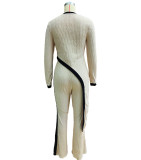 Women  Round Neck Contrast Color Long Sleeve Top and Pants Casual Two Piece Set