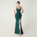 Women beaded tube pleated waist bow embroidery formal party evening dress