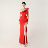 Women pleated one-shoulder beaded ruffle fishtail formal party evening dress