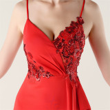 Women beaded tube pleated waist bow embroidery formal party evening dress