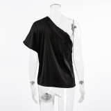 Women Spring Summer Irregular Collar Satin Off-Shoulder T-Shirt Top
