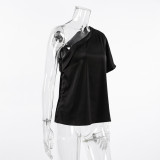 Women Spring Summer Irregular Collar Satin Off-Shoulder T-Shirt Top