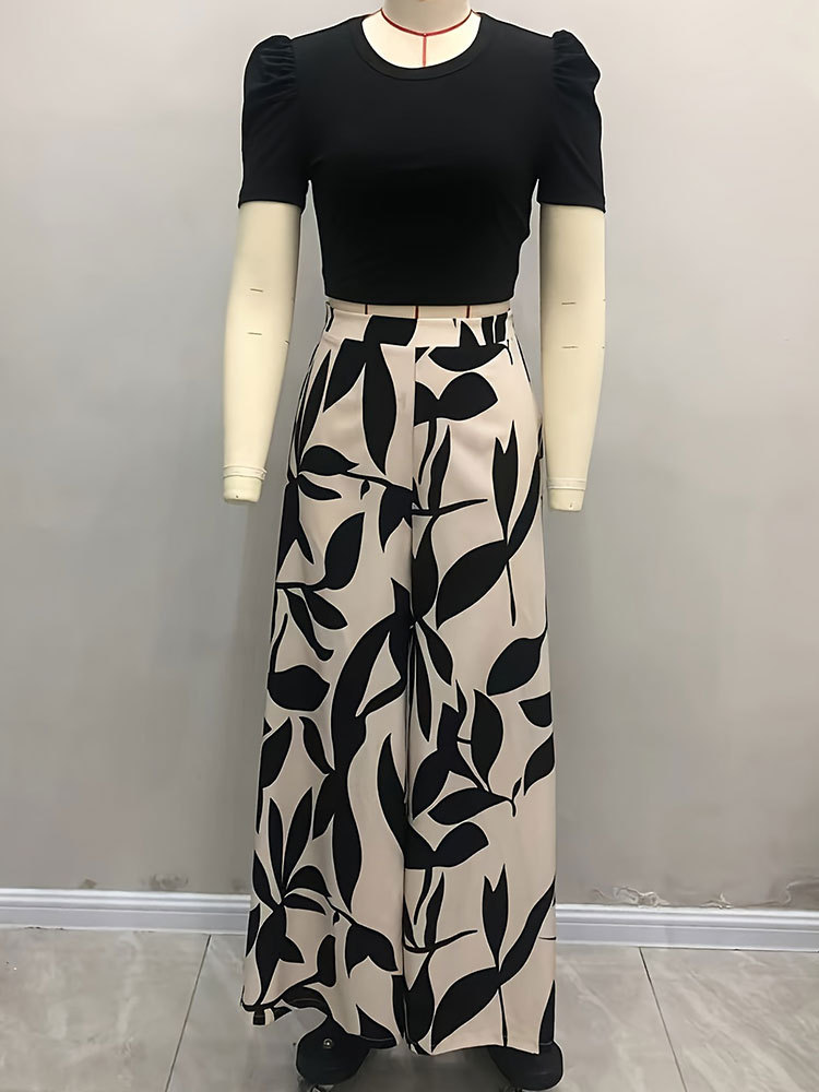 Leaf Print Casual Wide Leg Pants Short Sleeve Tight Fitting Crop T-shirt Spring and Summer Two-piece Pants Suit