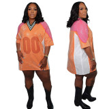 Patchwork Beaded Round Neck Contrast Color half-sleeved v-neck loose jersey dress