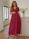 Sequined Mesh Patchwork V-neck Short sleeve maternity dress
