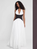Contrast color sexy Holidays Casual Halter Neck deep v Low Back long dress