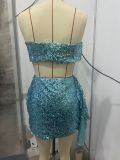 Blue Strapless sexy Holidays sequins slim skirt set