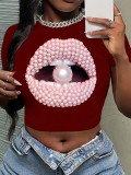 spring and summer Lips pearl printing Round Neck t-shirt y2k short sleeve Crop shirt for women