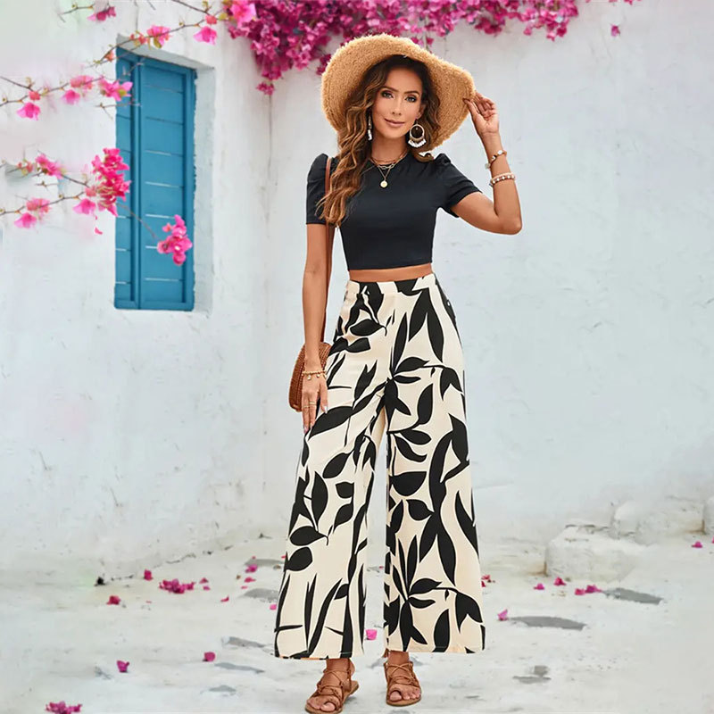 Leaf Print Casual Wide Leg Pants Short Sleeve Tight Fitting Crop T-shirt Spring and Summer Two-piece Pants Suit