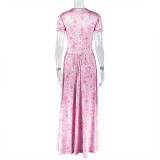 women's print elegant v-neck Chic bubble sleeve a-line pleated long dress