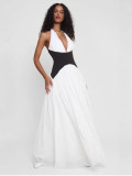 Contrast color sexy Holidays Casual Halter Neck deep v Low Back long dress