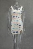 Spring Summer Multi-Color Flower Diamond Plaid Sequin Slit Bodycon Sexy Dress