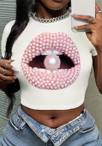 spring and summer Lips pearl printing Round Neck t-shirt y2k short sleeve Crop shirt for women