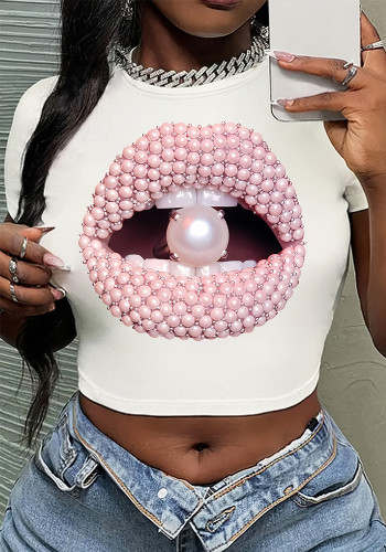 spring and summer Lips pearl printing Round Neck t-shirt y2k short sleeve Crop shirt for women