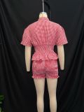Summer sweet red and white plaid short-sleeved turndown collar shorts set
