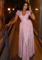 women's print elegant v-neck Chic bubble sleeve a-line pleated long dress women's print elegant v-neck Chic bubble sleeve a-line pleated long dress