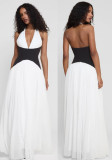 Contrast color sexy Holidays Casual Halter Neck deep v Low Back long dress