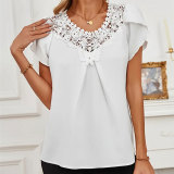 Women's Solid Color Lace short Sleeve T-shirt Spring and Summer Tops