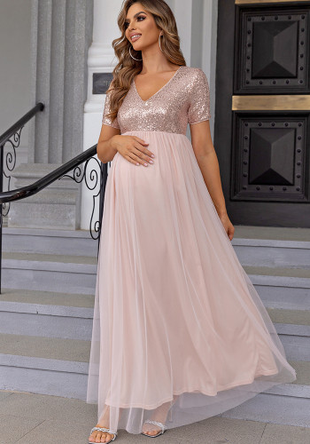 Sequined Mesh Patchwork V-neck Short sleeve maternity dress