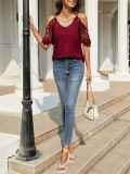 Lace sleeve v-neck solid color strap off-shoulder casual t-shirts for women