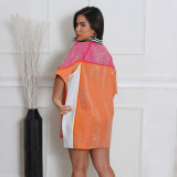 Patchwork Beaded Round Neck Contrast Color half-sleeved v-neck loose jersey dress