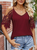 Lace sleeve v-neck solid color strap off-shoulder casual t-shirts for women