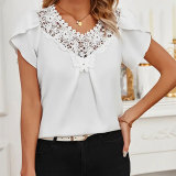 Women's Solid Color Lace short Sleeve T-shirt Spring and Summer Tops