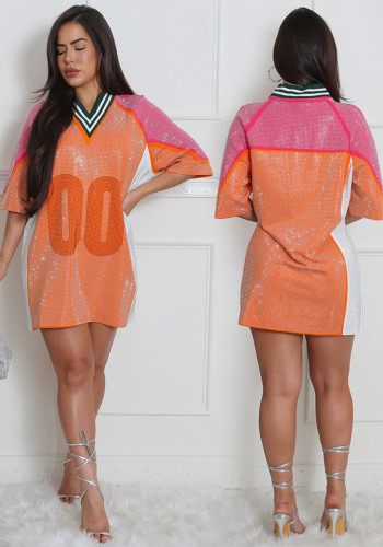 Patchwork Beaded Round Neck Contrast Color half-sleeved v-neck loose jersey dress