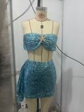 Blue Strapless sexy Holidays sequins slim skirt set