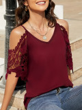 Lace sleeve v-neck solid color strap off-shoulder casual t-shirts for women