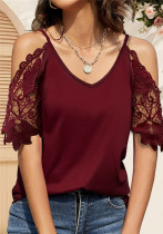 Lace sleeve v-neck solid color strap off-shoulder casual t-shirts for women