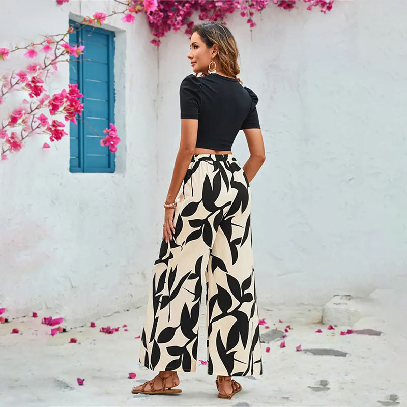 Leaf Print Casual Wide Leg Pants Short Sleeve Tight Fitting Crop T-shirt Spring and Summer Two-piece Pants Suit