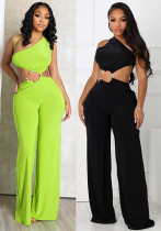 Women's spring and summer hollow Slash Shoulder gathered ring Patchwork long Jumpsuit