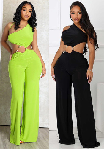 Women's spring and summer hollow Slash Shoulder gathered ring Patchwork long Jumpsuit
