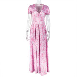 women's print elegant v-neck Chic bubble sleeve a-line pleated long dress