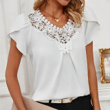 Women's Solid Color Lace short Sleeve T-shirt Spring and Summer Tops