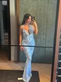 Fashionable sexy women's sequin strap slim Low Back long dress