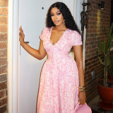 women's print elegant v-neck Chic bubble sleeve a-line pleated long dress