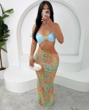 Summer women's sexy printed strap Low Back Slong dress