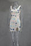 Spring Summer Multi-Color Flower Diamond Plaid Sequin Slit Bodycon Sexy Dress