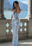 Fashionable sexy women's sequin strap slim Low Back long dress