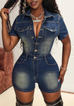 High Stretch Short Sleeve Slim Fit One-Piece Washed Denim Jumpsuit High Stretch Short Sleeve Slim Fit One-Piece Washed Denim Jumpsuit