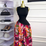 Women's Summer print Round Neck sleeveless high waist A-line long dress