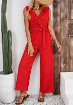Women's Ruffled Straight Wide Leg Belt Sleeveless Casual Jumpsuit