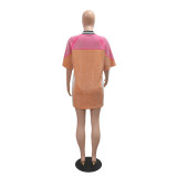 Patchwork Beaded Round Neck Contrast Color half-sleeved v-neck loose jersey dress